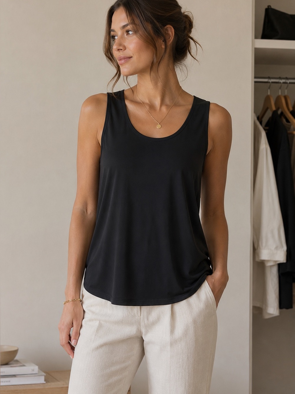 Bryn Walker Black Hi-Low Hem Minimalist Closet Staple Tank Top Size S